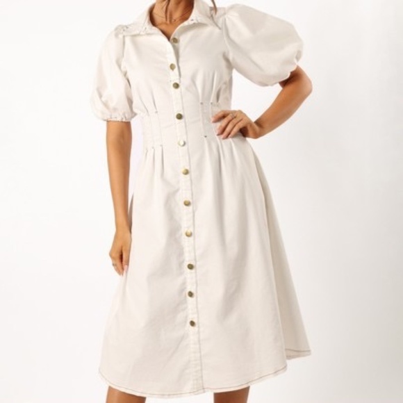 Petal & Pup Dresses & Skirts - Petal & Pup Sollie White Denim Puff Sleeve Midi Dress Size XL